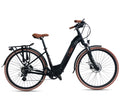 Black electric bicycle with brown accents on a white background