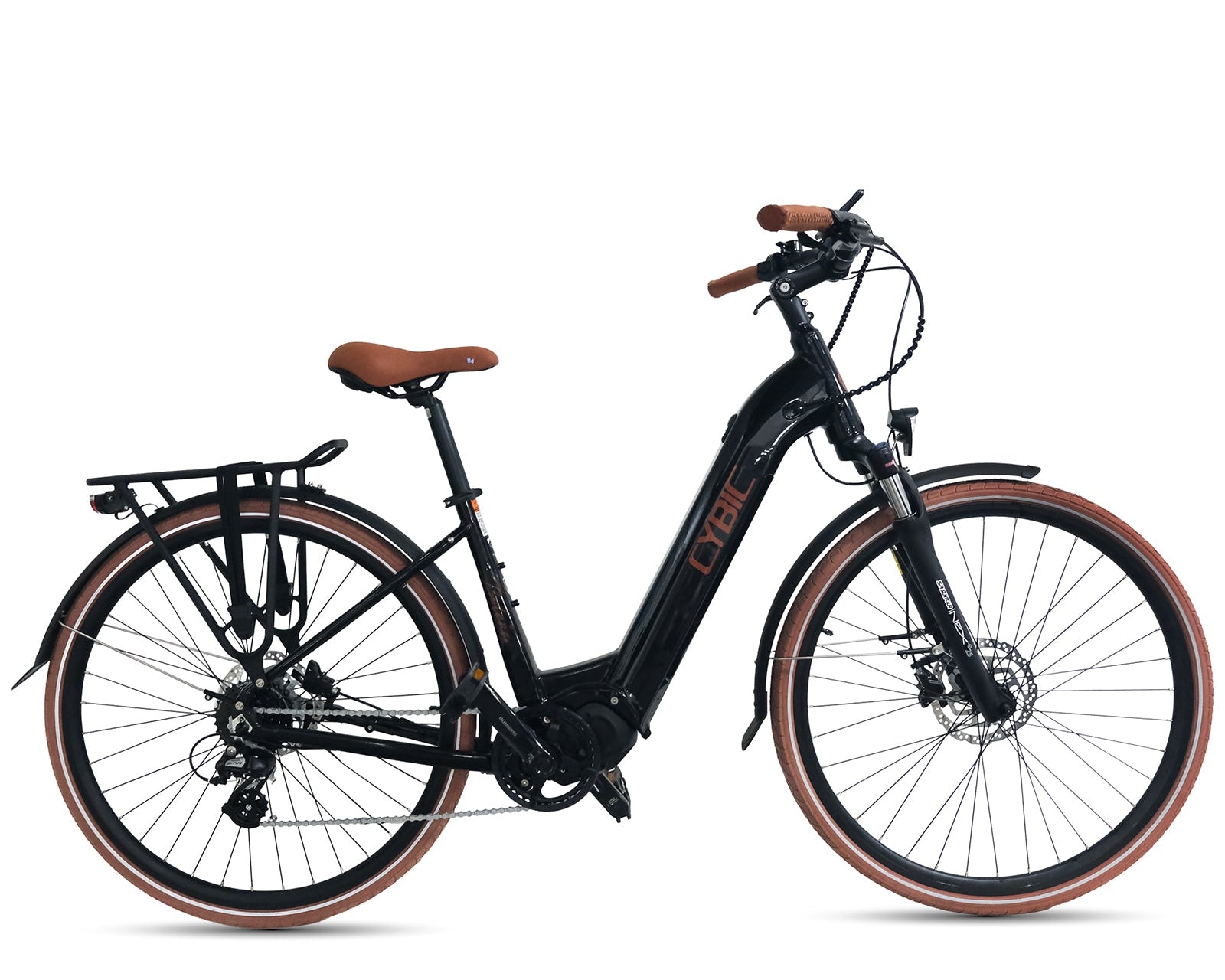 Black electric bicycle with brown accents on a white background