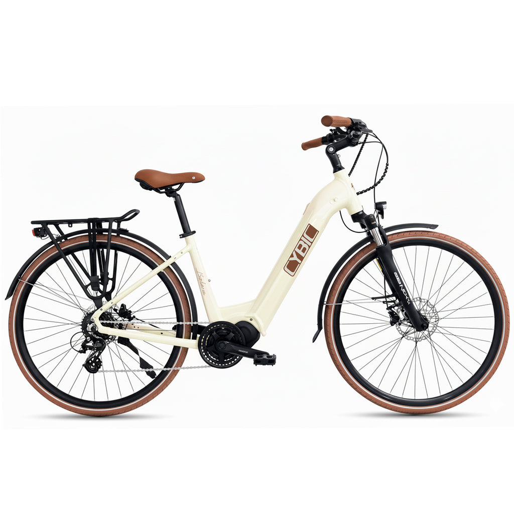 White electric bicycle with brown accents on a white background