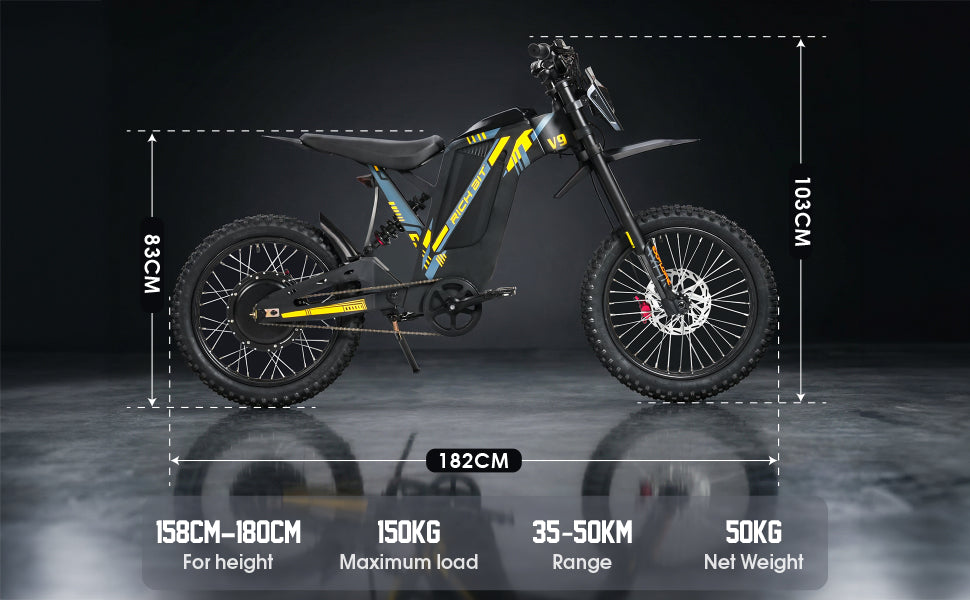 Electric bike with dimensions and specifications displayed on a dark background