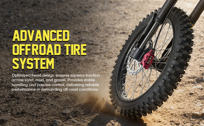 Off-road tire system with text highlighting advanced features on a dirt surface