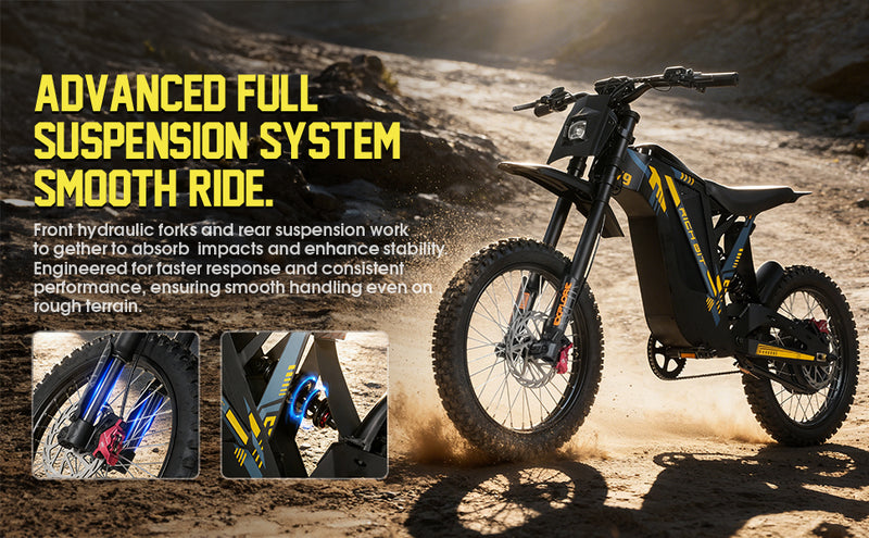 Motorcycle on a dirt track with text highlighting suspension system features.