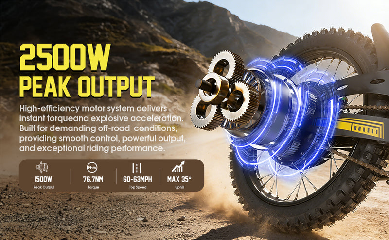 Motorcycle wheel with glowing blue components and text about peak output on a mountainous background