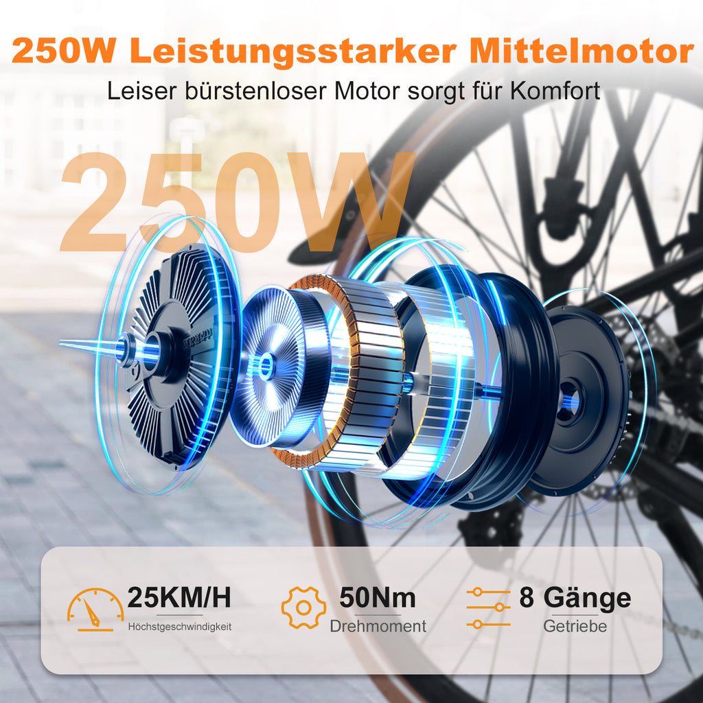 Bicycle motor with technical specifications on a blurred road background