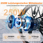Bicycle motor with technical specifications on a blurred road background