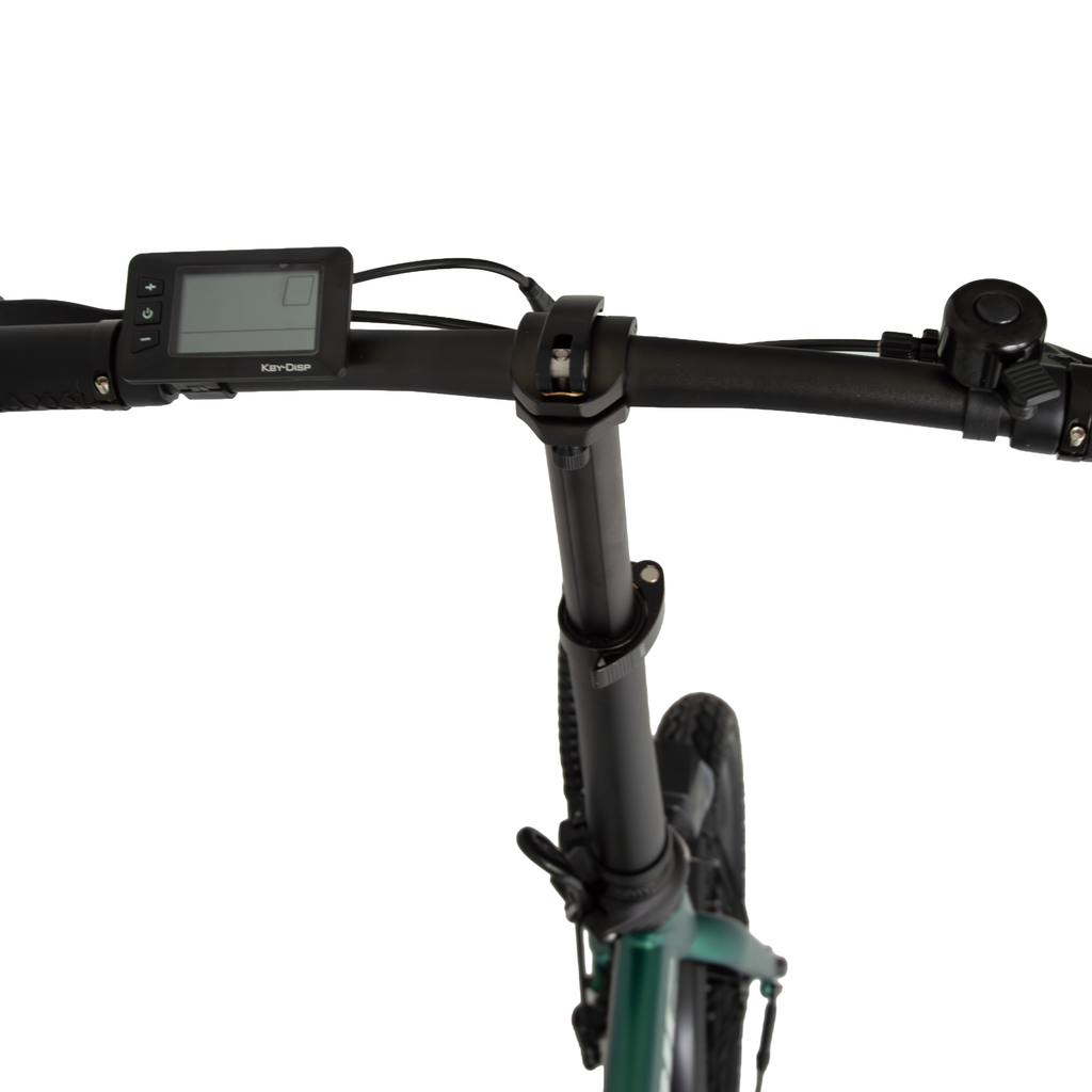E-Klapprad Lenksäule mit Display und Faltgelenken, schwarzer Lenkeraufsatz am grünen Rahmen