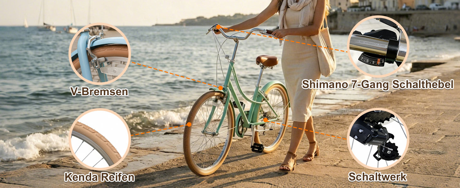 Woman with a bicycle by the water, with close-up details of bike components.