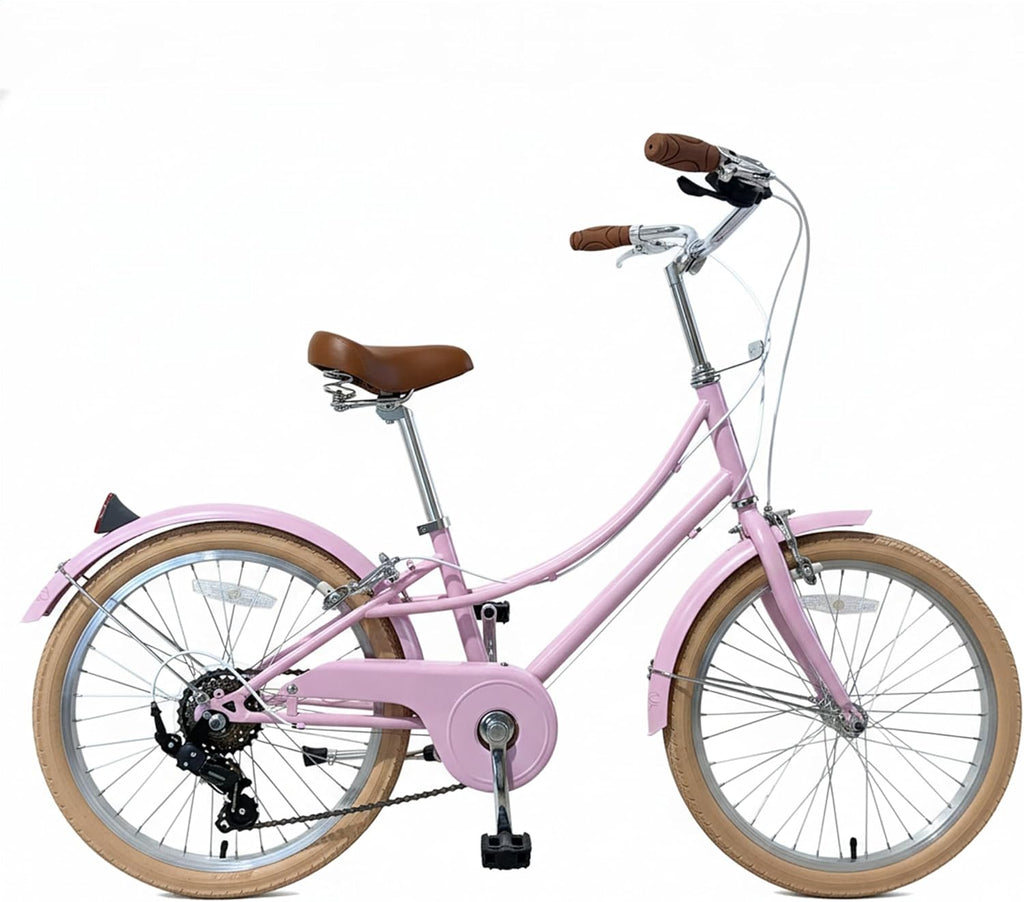 Pink bicycle with brown seat and wheels on a white background