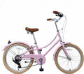Pink bicycle with brown seat and wheels on a white background