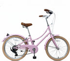 Pink bicycle with brown seat and wheels on a white background