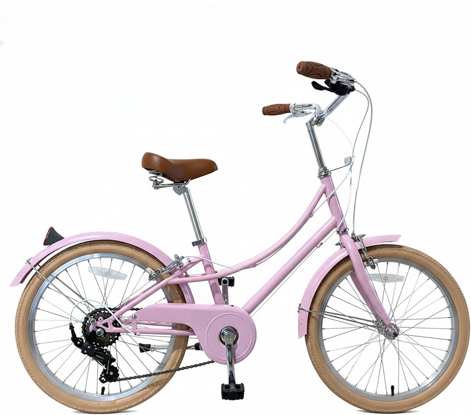 Pink bicycle with brown seat and wheels on a white background