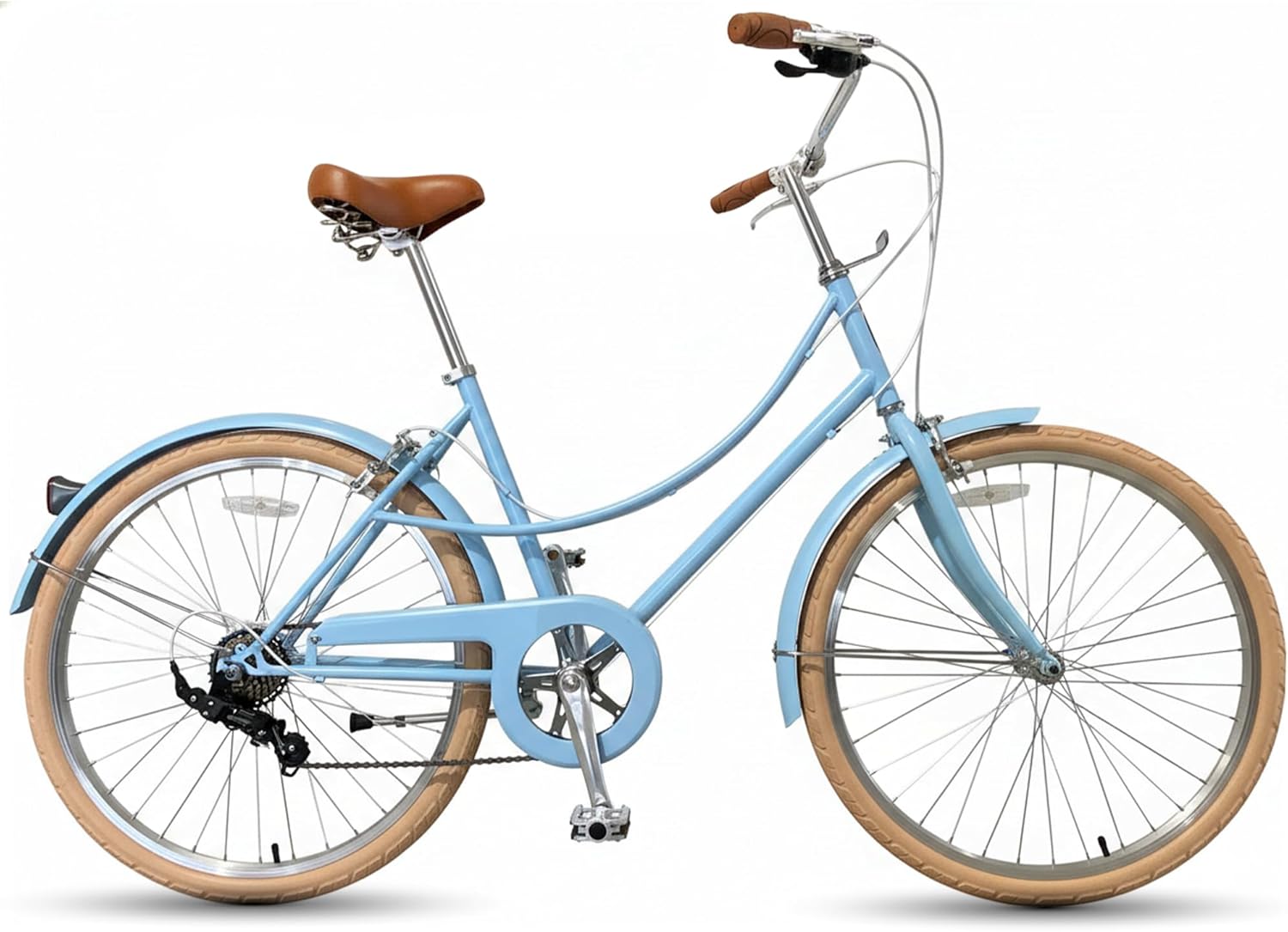 Light blue bicycle with brown wheels and seat on a white background