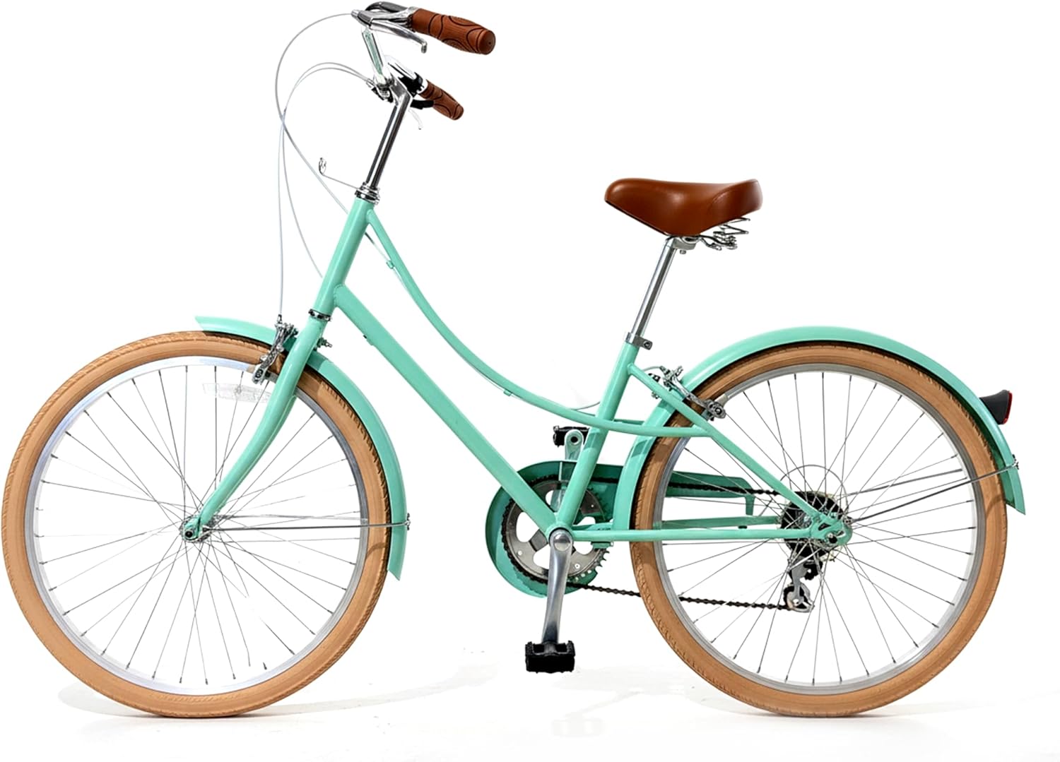 Light green bicycle with brown wheels and seat on a white background