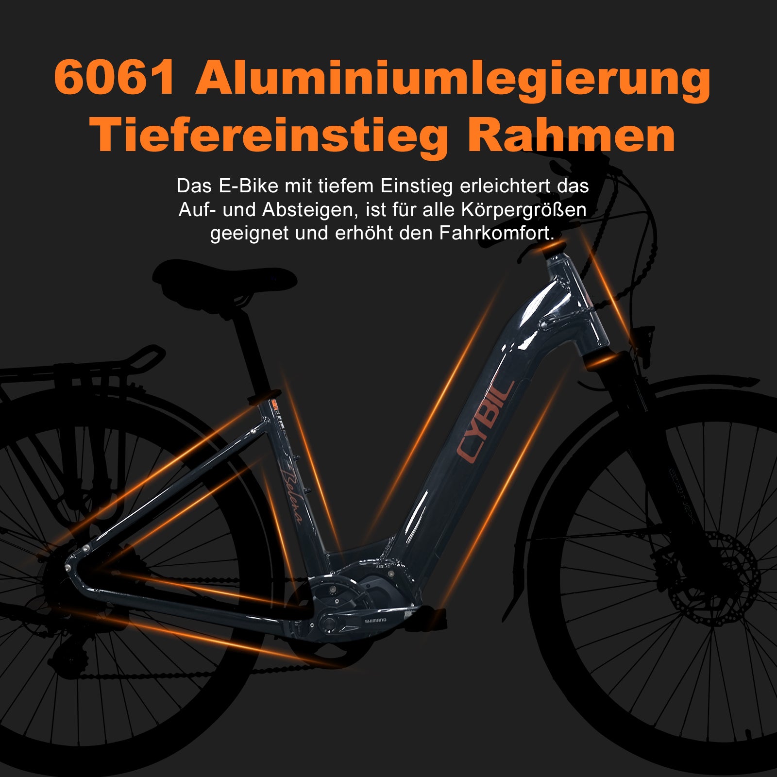 Electric bike with 6061 aluminium frame on a dark background