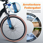 Bicycle with suspension fork on a gray background, featuring German text about different road conditions.