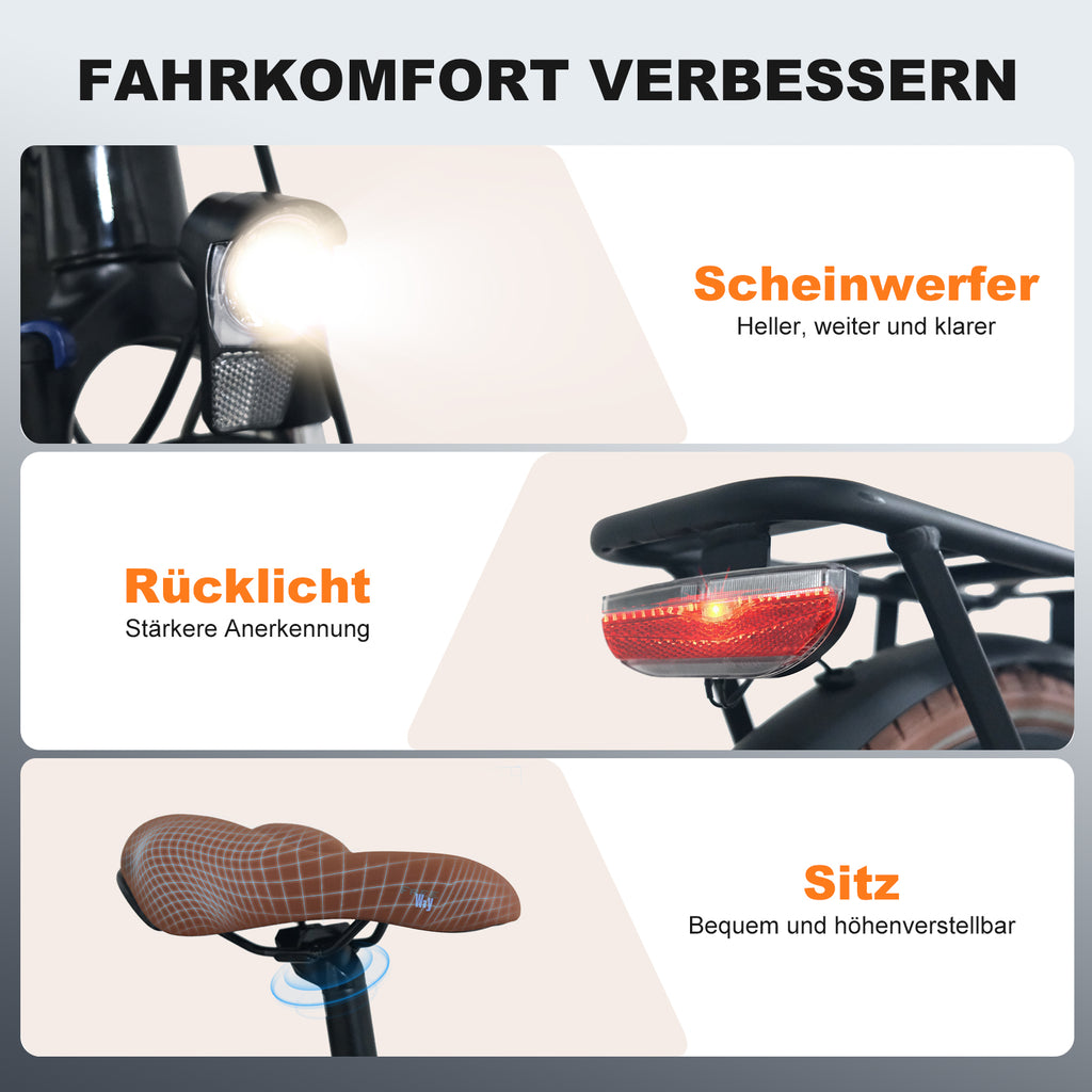 Bicycle parts with text on improving comfort, including a headlight, taillight, and adjustable seat.