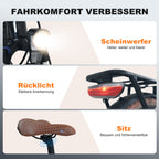 Bicycle parts with text on improving comfort, including a headlight, taillight, and adjustable seat.