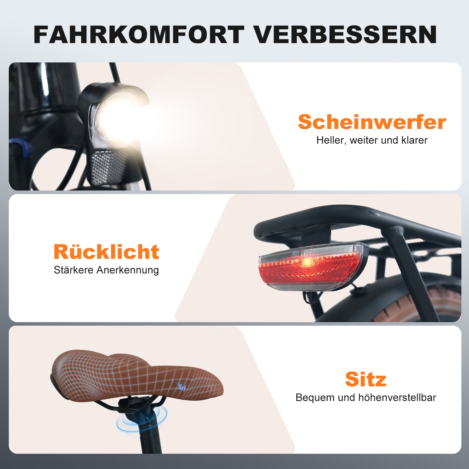 Bicycle parts with text on improving comfort, including a headlight, taillight, and adjustable seat.