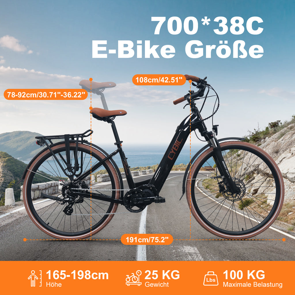 Electric bike with dimensions displayed against a scenic background