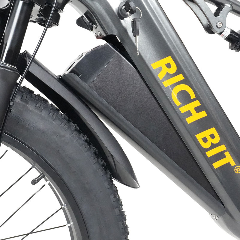 Close-up of a bicycle with 'Rich Bit' branding on a white background