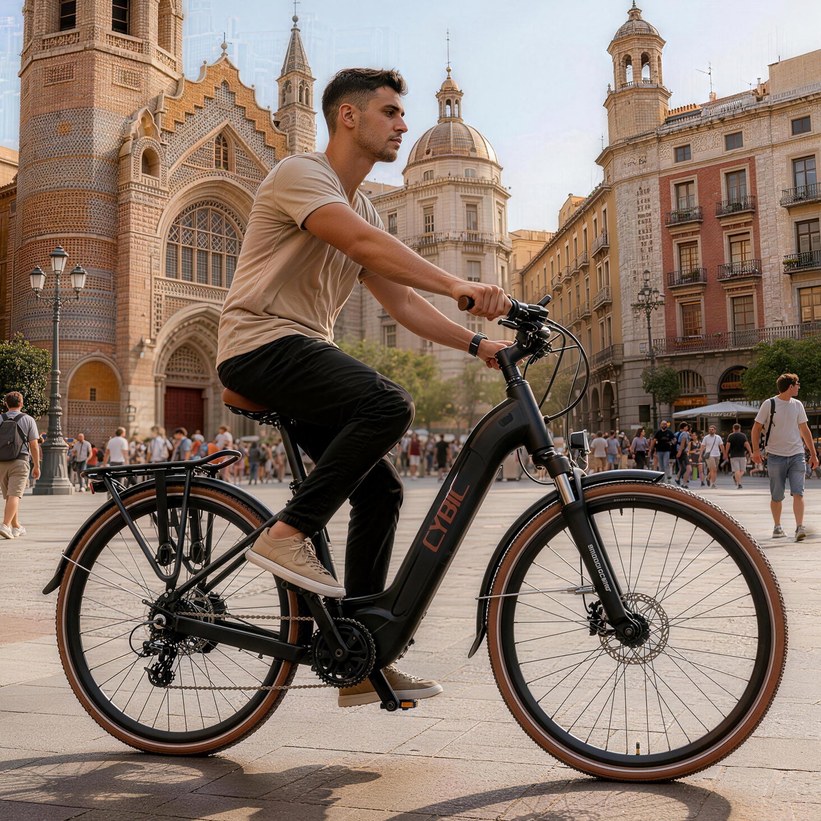 Man riding an electric bike in a city square with historic buildings.