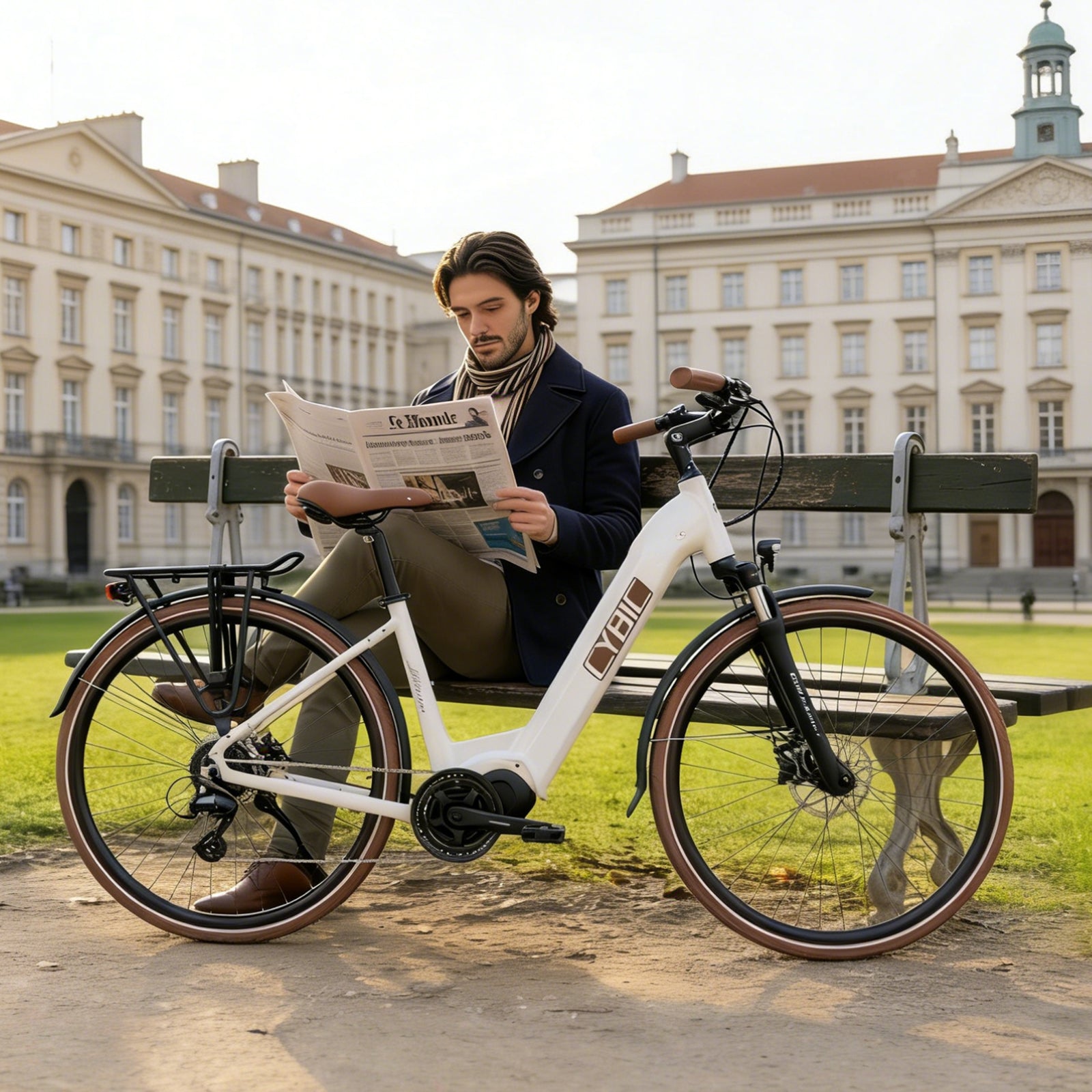 Man sitting on a bench with a bicycle, reading a newspaper in an urban setting.