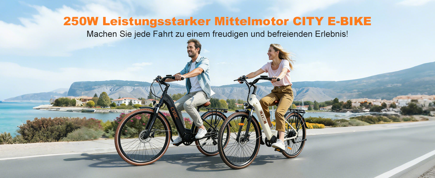 Two people riding electric bikes on a scenic road with text about a 250W motor and e-bike experience.