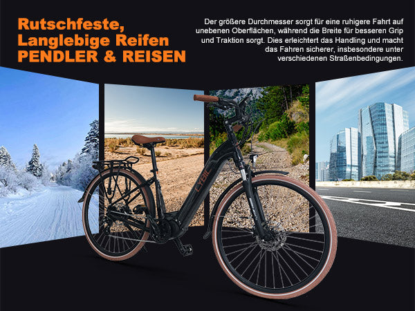 Bicycle displayed with scenic backgrounds of a snowy road, nature, and cityscape.