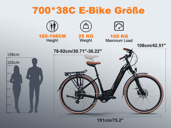 E-bike size chart with dimensions and weight capacity on a gray background