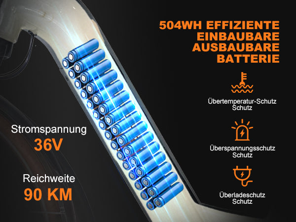 Battery pack with blue cylindrical cells and technical specifications on a dark background