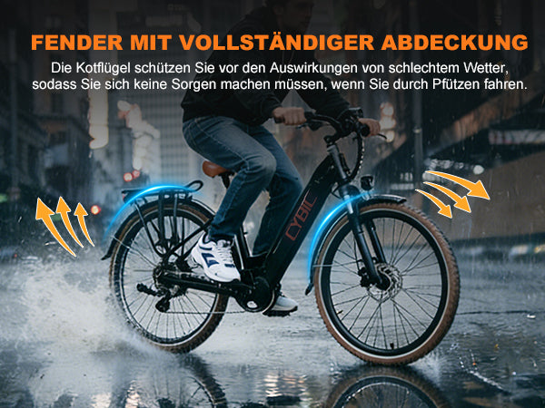 Person riding a bicycle with a fender in a rainy street, German text about rain protection.