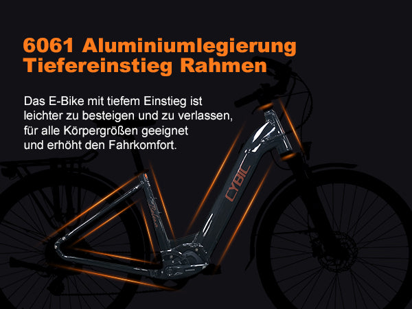 E-bike frame with text about deep step platform and aluminium alloy on a dark background
