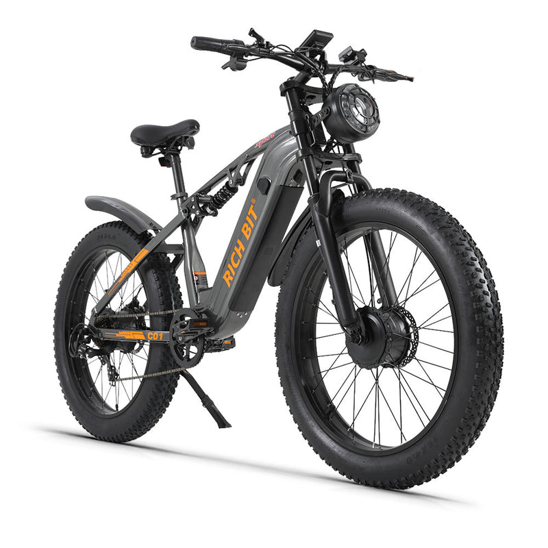 Black electric bike with black tires on a white background