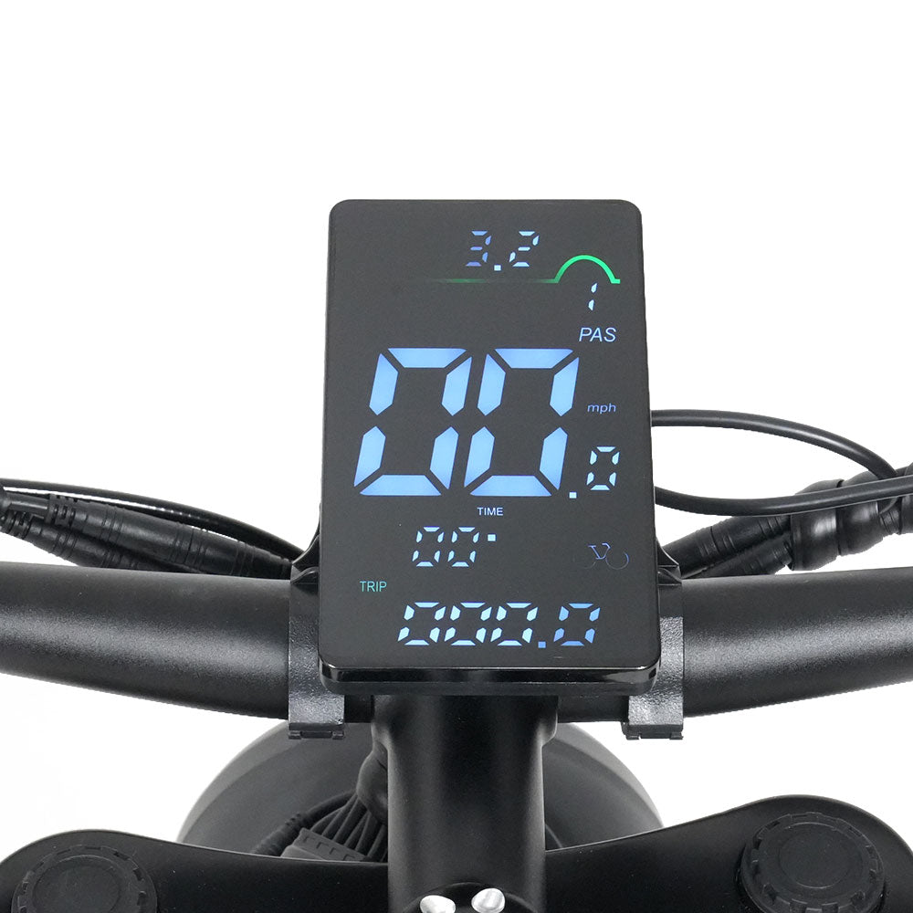 Digital display on a bicycle handlebar with various metrics.