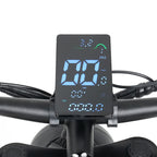 Digital display on a bicycle handlebar with various metrics.