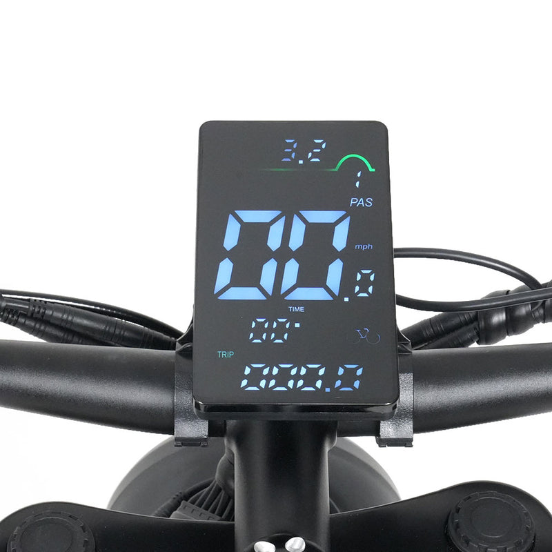 Digital display on a bicycle handlebar with various metrics.