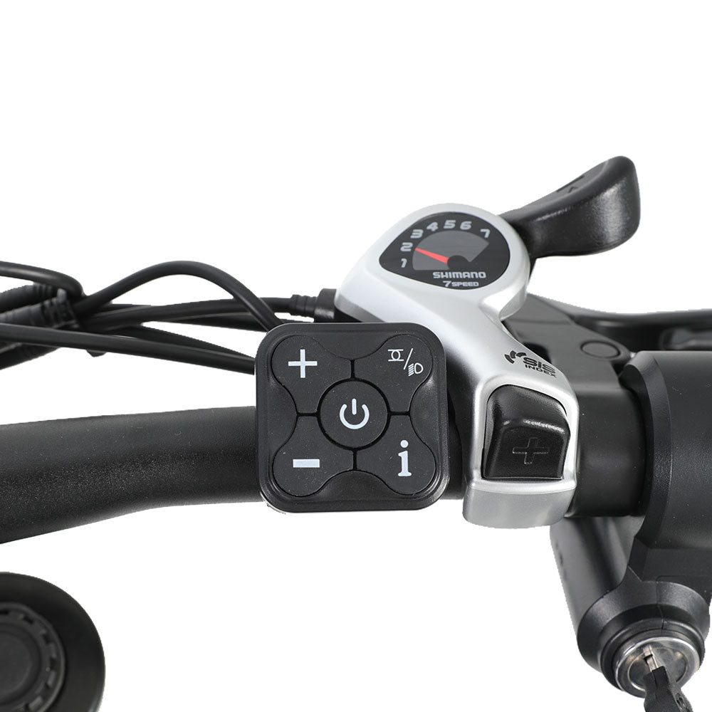 Close-up of a bicycle handlebar control panel with Shimano logo