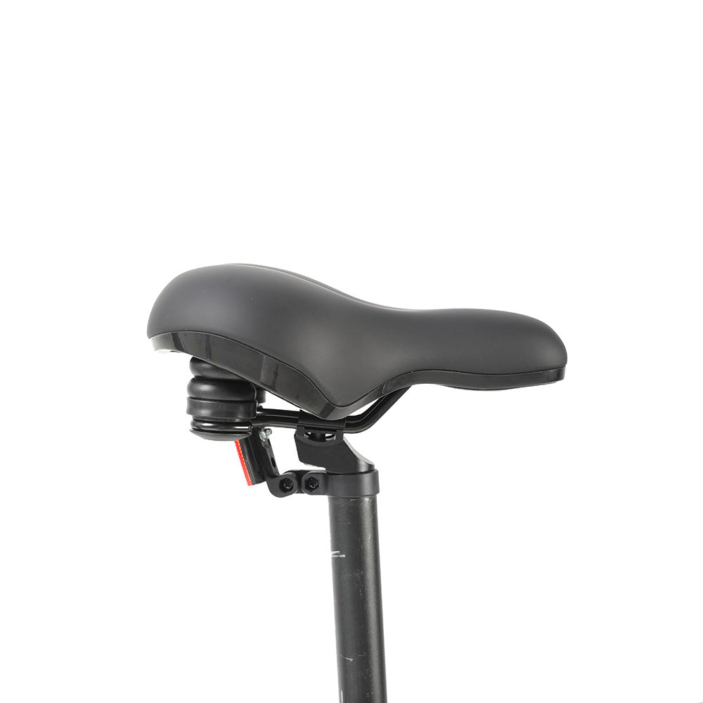 Black bicycle seat with adjustable mechanism on a white background