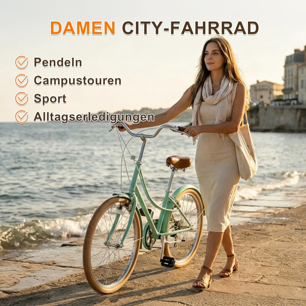 Woman with a bicycle by the water, with text about bicycle uses.