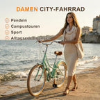 Woman with a bicycle by the water, with text about bicycle uses.