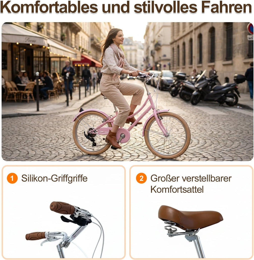 Woman riding a pink bicycle on a city street with product features highlighted below.