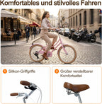 Woman riding a pink bicycle on a city street with product features highlighted below.