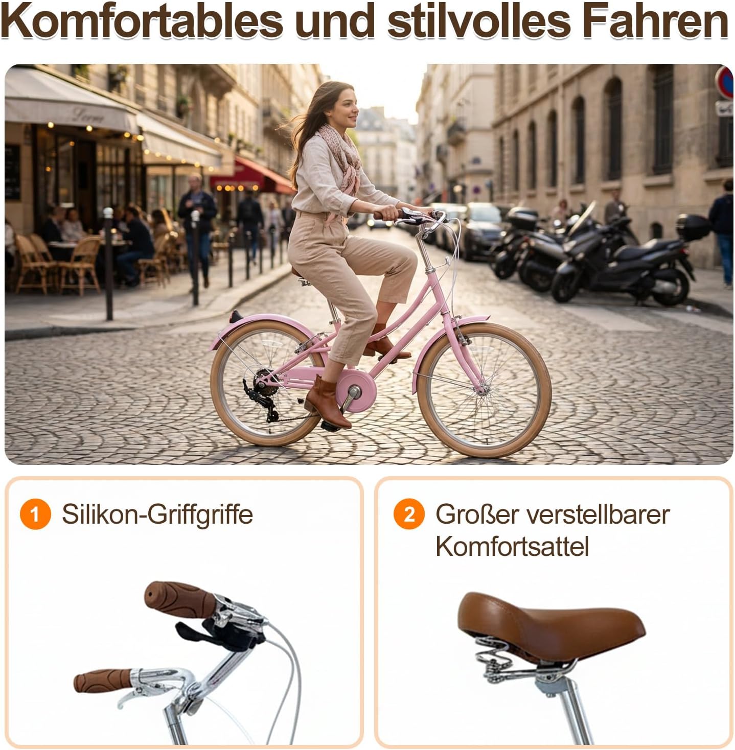 Woman riding a pink bicycle on a city street with product features highlighted below.