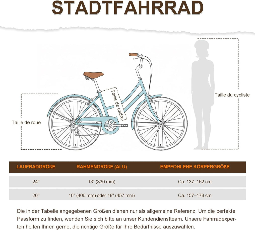 Bicycle size chart with a blue bicycle, measurement guide, and human figure for scale.