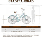 Bicycle size chart with a blue bicycle, measurement guide, and human figure for scale.