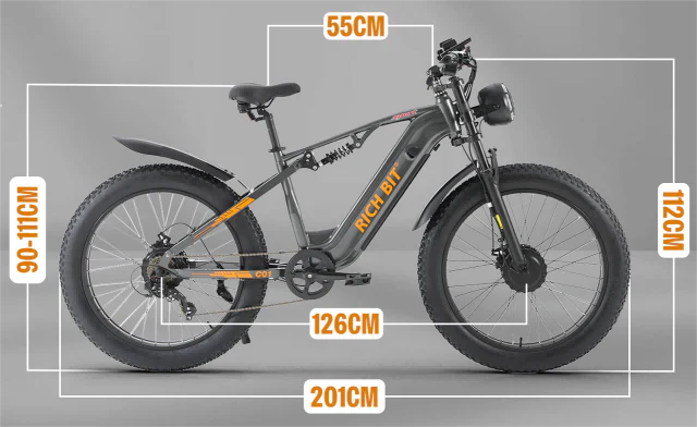 Electric bicycle with measurements on a gray background