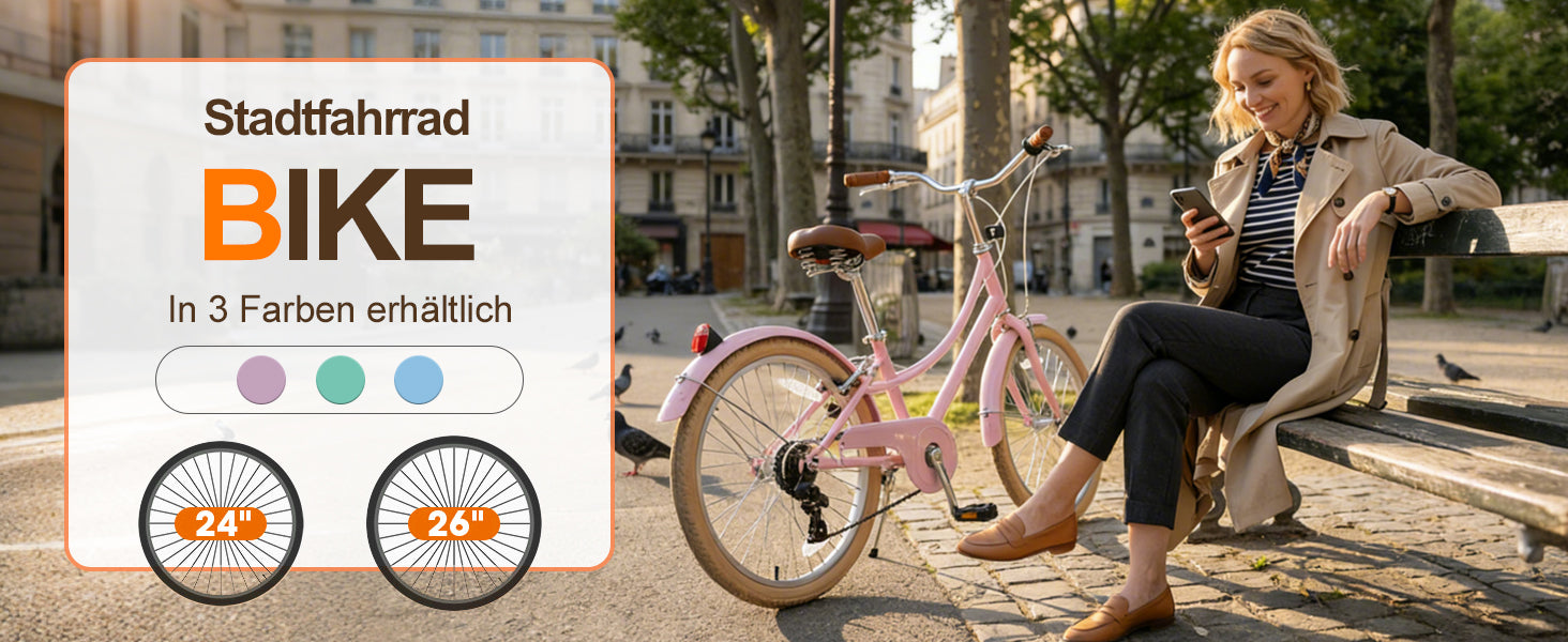 Woman sitting next to a pink bicycle with promotional text for 'Stadtfahrrad BIKE' in a city setting.