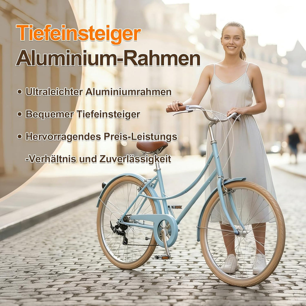 Woman holding a light blue bicycle on a cobblestone street with promotional text about an aluminium frame.