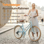 Woman holding a light blue bicycle on a cobblestone street with promotional text about an aluminium frame.