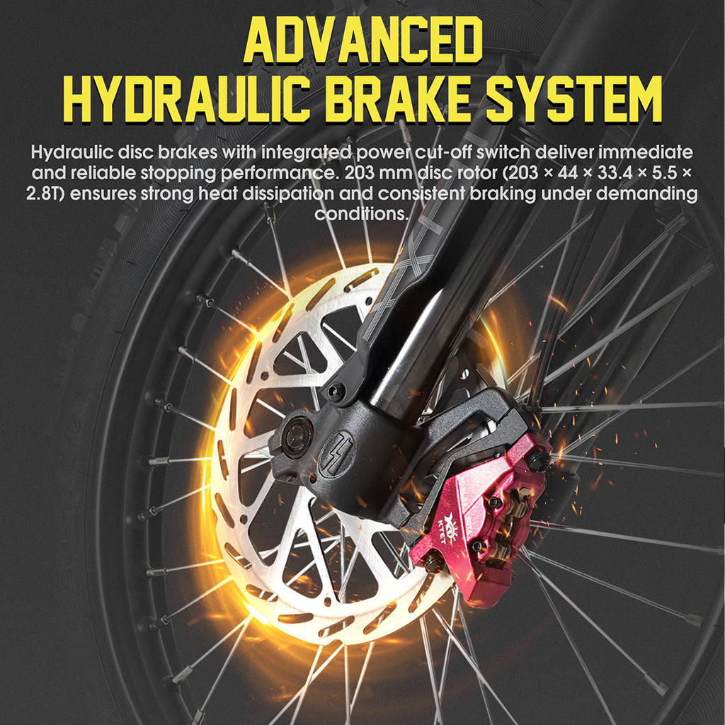Motorcycle wheel with advanced hydraulic brake system on a dark background